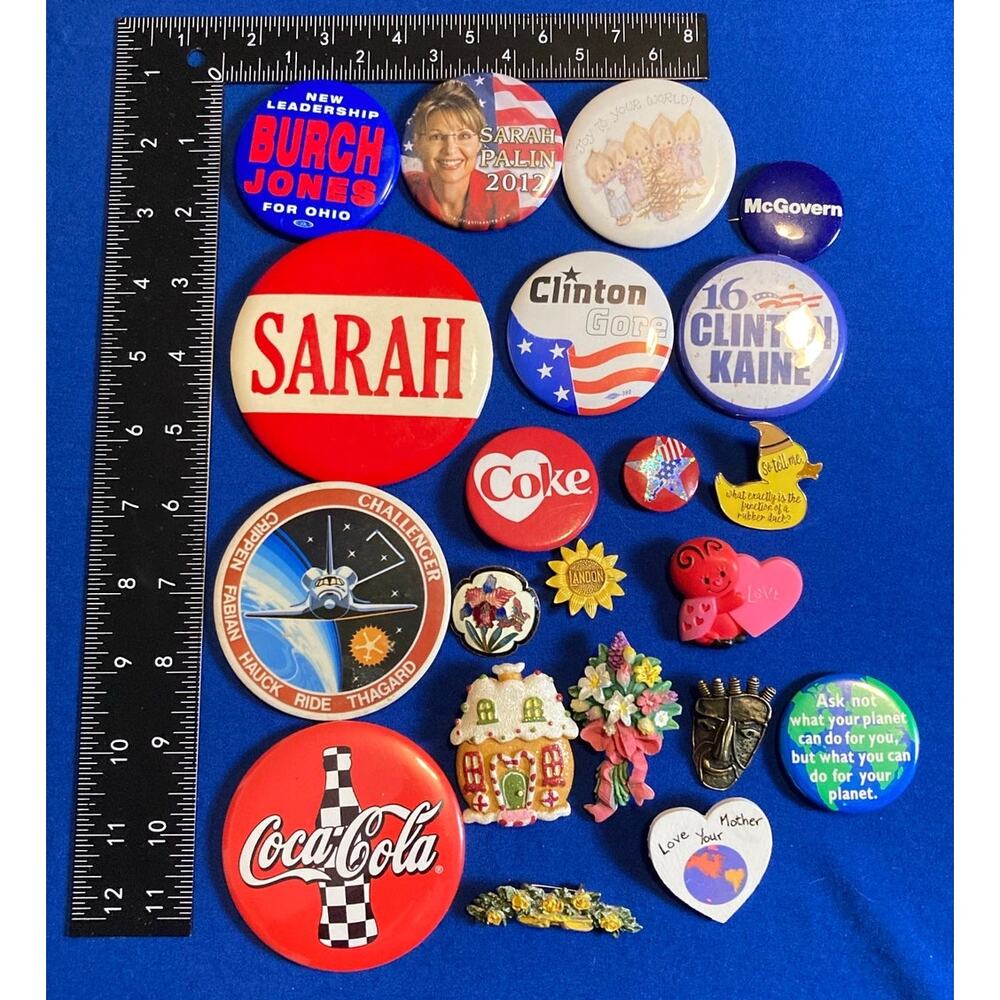 Pins Buttons Brooches Collection Vintage to Modern 21 Total VTG Coke Campaign